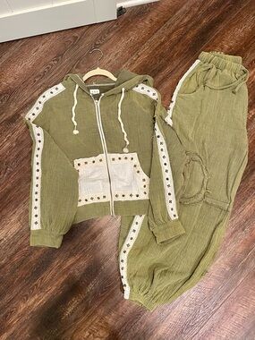 POL Olive Green Hooded Track Jacket and Joggers Set with Cream Trim and Embelish